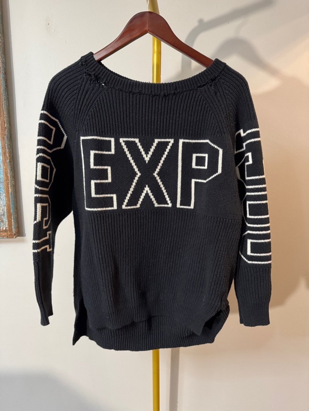 Express 1980 distressed Black Crewneck Sweater with White Graphics